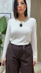 Maglia Pizzo a V Beige