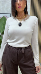 Maglia Pizzo a V Beige